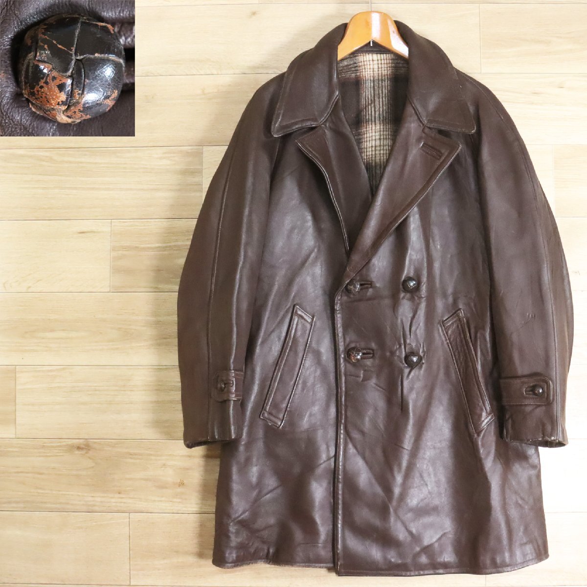 @6K/Y5.7-3 ビンテージ ユーロ古着 ダブルブレスト レザーカーコート レザージャケット 本革 革ジャン 皮ジャン レザーブルゾン拍卖