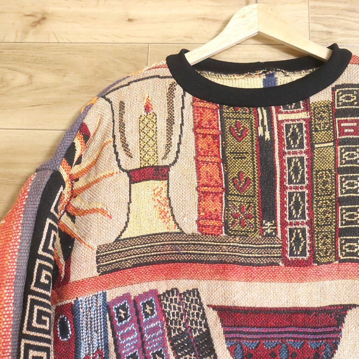 $4T/s10.21-2 アメリカ古着 ビンテージ ゴブラン ラグ リメイク スウェット トレーナー 本棚と太陽さん 総柄 クレイジー 再構築拍卖
