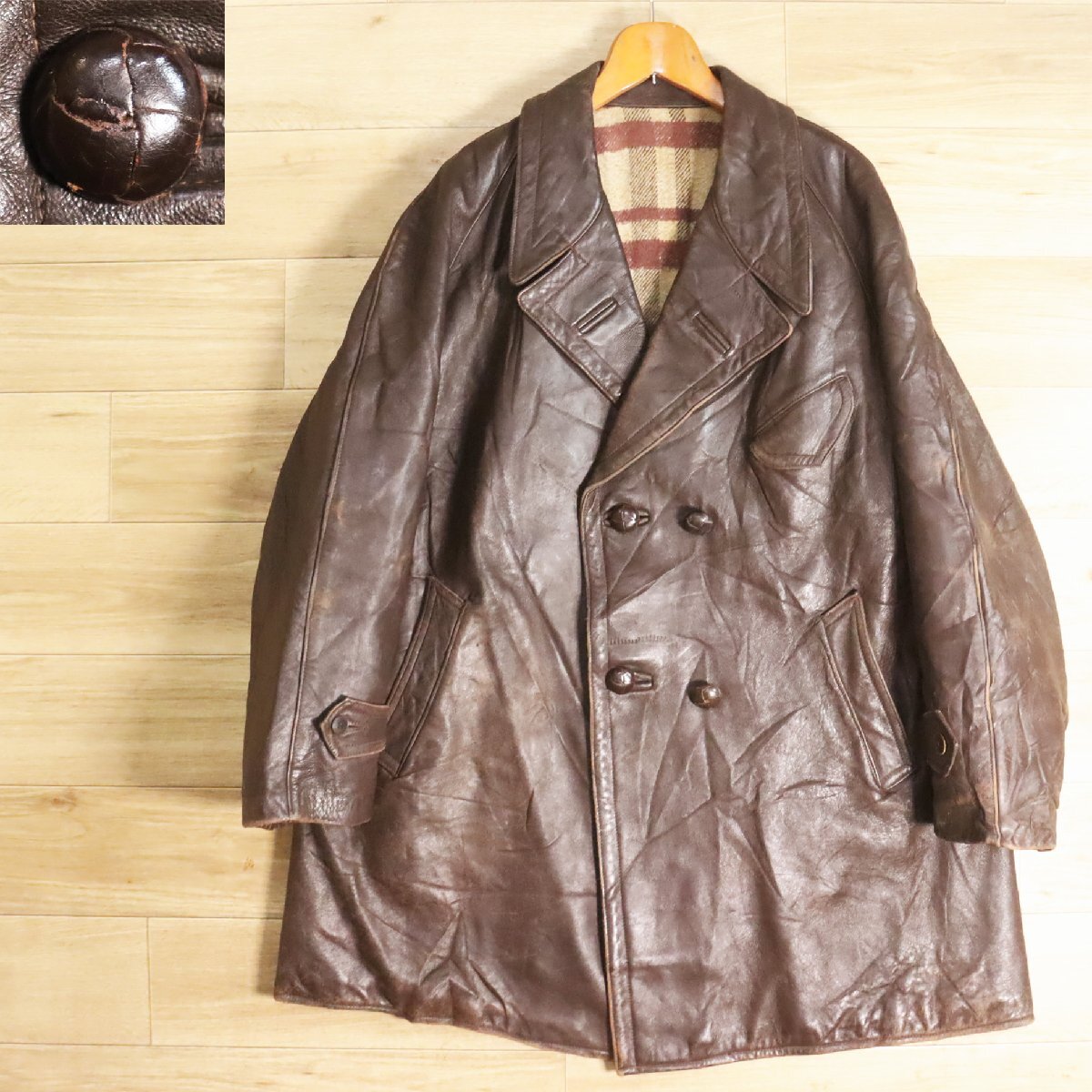 H4O/Y5.16-7 60s~ ビンテージ フランス ダブルブレスト レザーカーコート 本革 革コート 皮コート レザーコート 裏チェック拍卖
