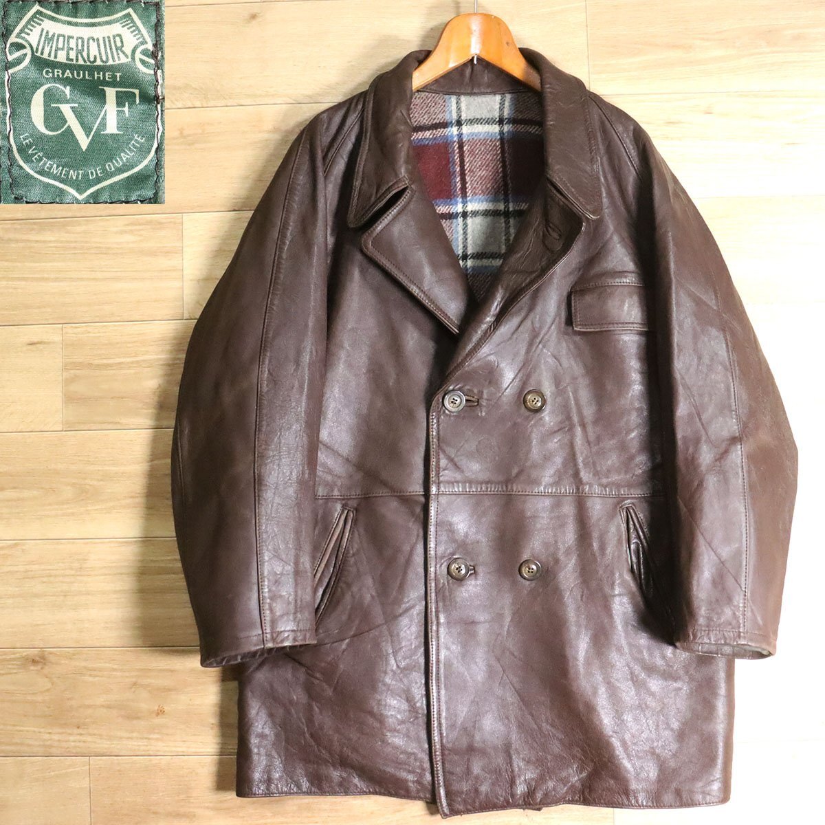 I11O/Y6.2-2 フランス GVF レザーカーコート 本革 ダブルブレスト 革コート 裏チェック レザーコート ユーロヴィンテージ拍卖