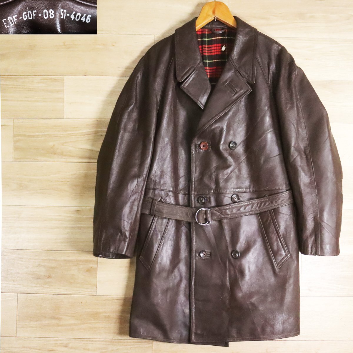 #6S/S5.27-2 ユーロ古着 フランス 本革 レザーカーコート ダブルブレスト レザージャケット ハーフコート フレンチ ヴィンテージ拍卖