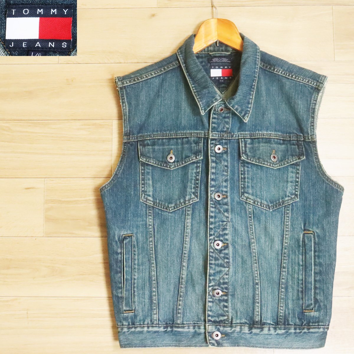 %1K/R6.9-3 TOMMY JEANS トミージーンズ トミーヒルフィガー デニムベスト トラッカーベスト バイカー モーターサイクル L拍卖