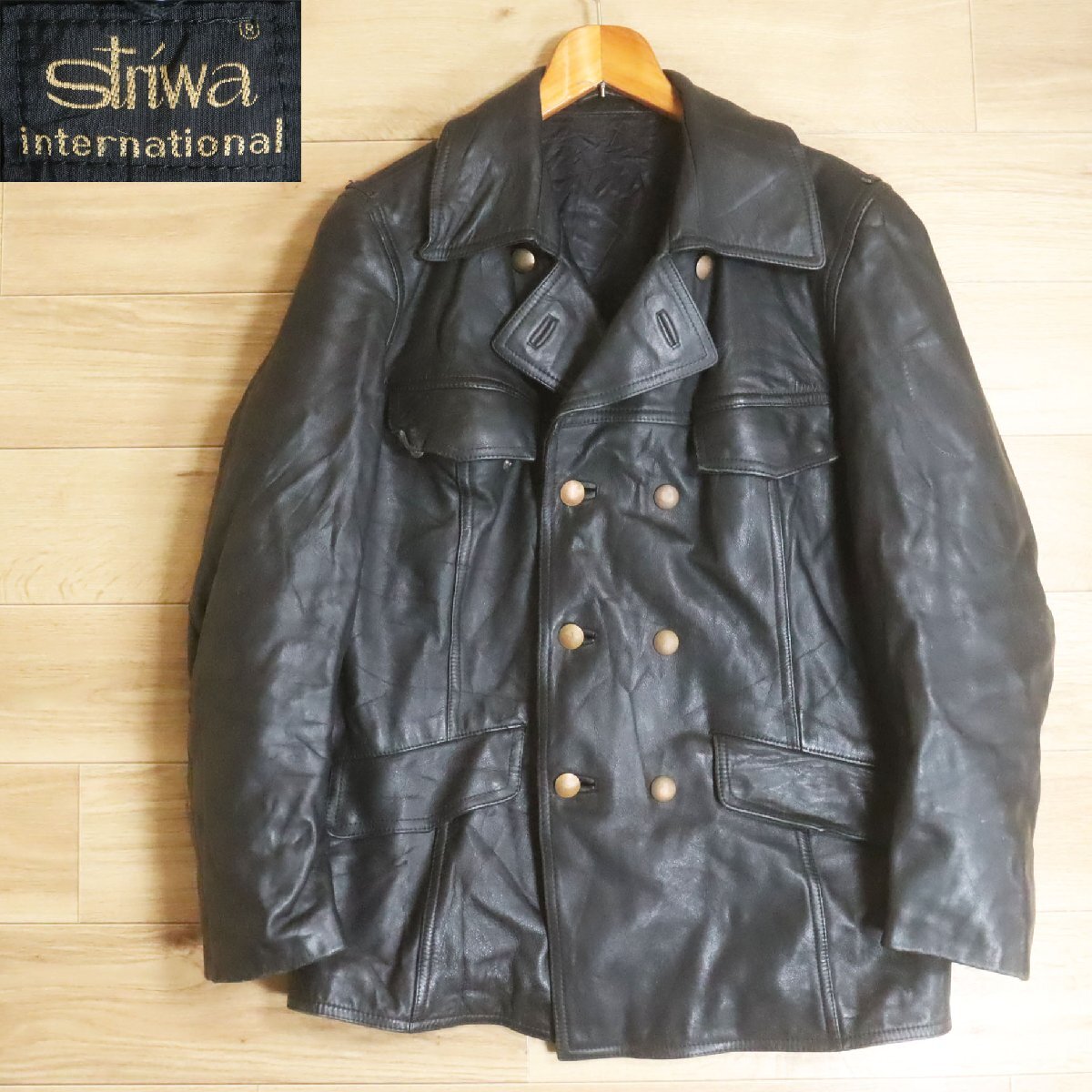 !3S/R7.1-2 80s ビンテージ ドイツ Striwa ポリスマンジャケット 本革 レザージャケット ダブルブレスト カーコート ブラック拍卖