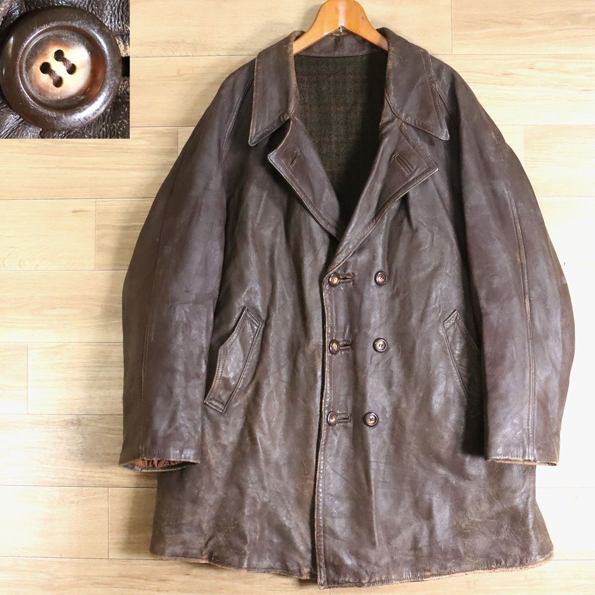 I5R/Y6.2-8 ~70s ユーロヴィンテージ フランス ダブルブレスト レザーカーコート 本革 レザージャケット 革コート 皮コート拍卖