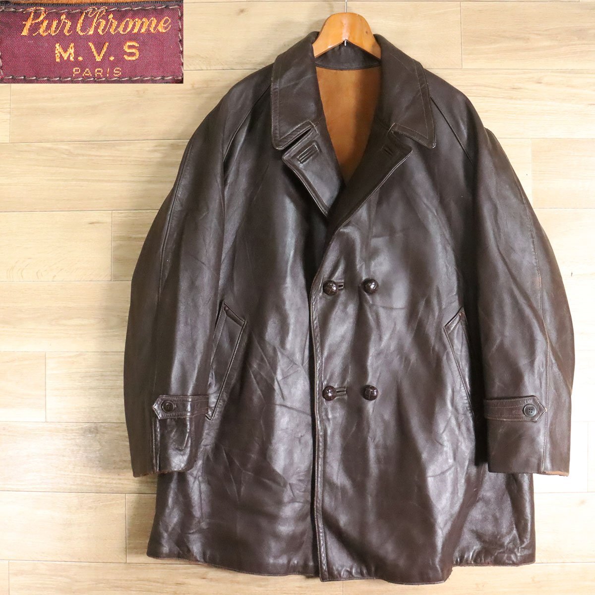 I5R/Y6.2-8 70s~ ヴィンテージ フランス Pur Chrome M.V.S PARIS ダブルブレスト レザーカーコート 本革 レザージャケット拍卖
