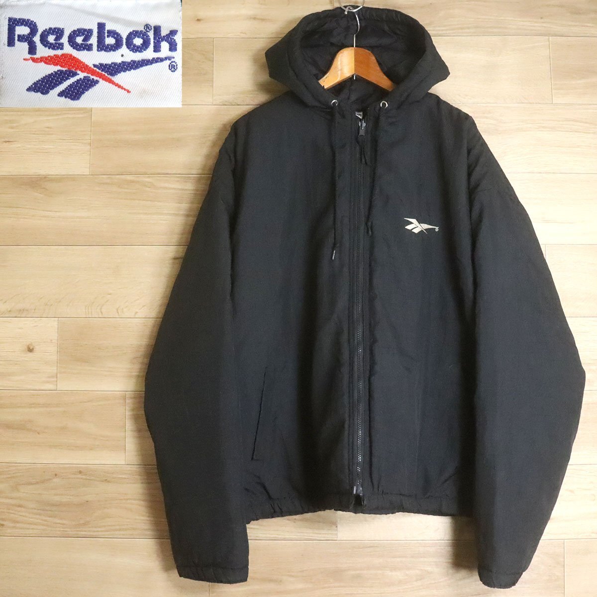 *11K/R4.10-2 90s~ Reebok リーボック ナイロンジャケット ナイロンパーカー 中綿パーカー ブルゾン 刺繍ロゴ ブラック L拍卖