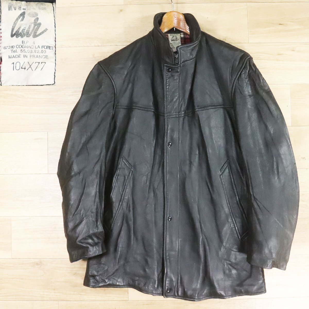 D2T/Y8.19-4 80s~ ビンテージ フランス製 M.I.C CUIR レザーカーコート レザージャケット ブラック フレンチ 104×77拍卖