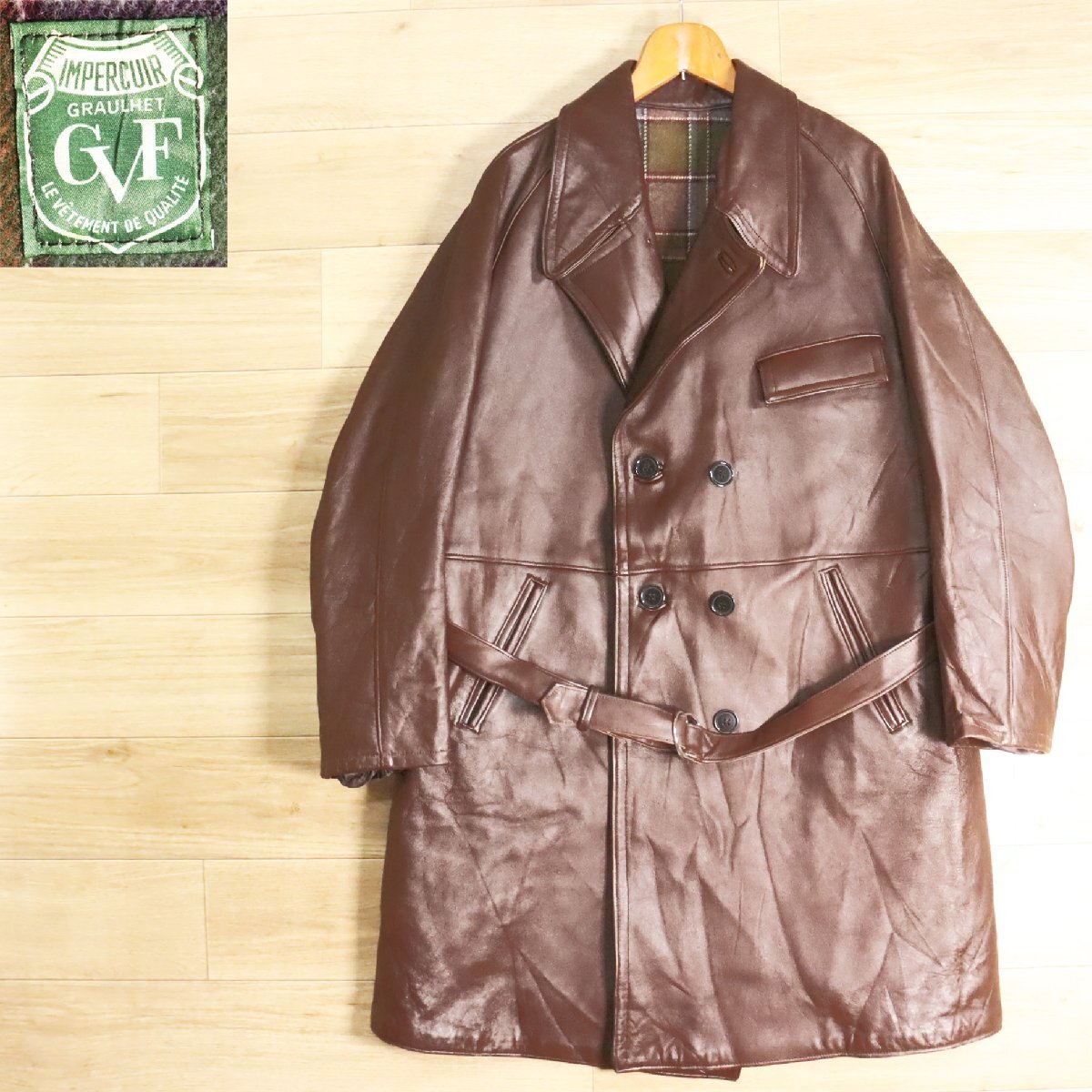 D2S/Y5.16-4 70s ビンテージ フランス GVF レザーカーコート 本革 ダブルブレスト ベルト付き レザージャケット ヴィンテージ拍卖