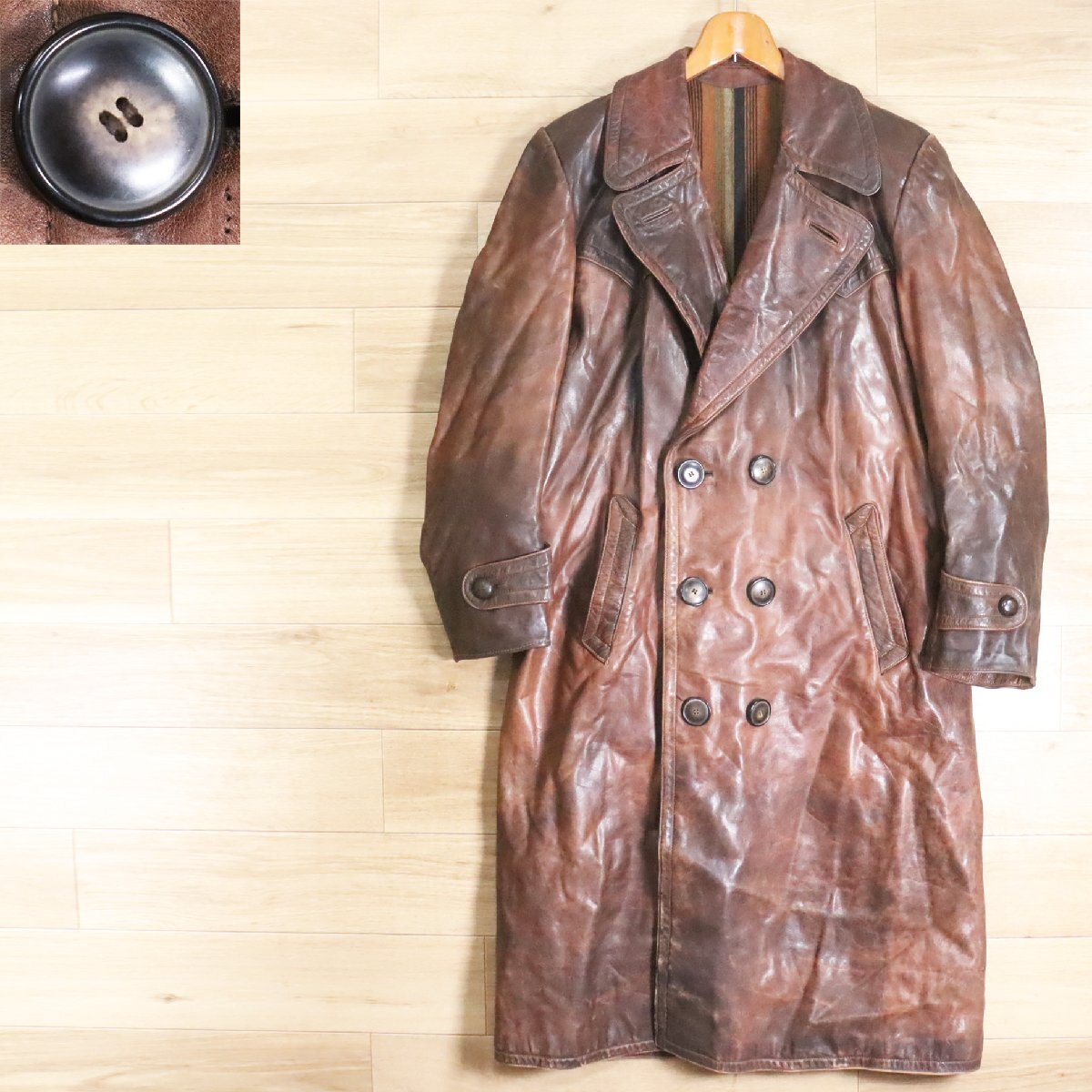 %3K/Y6.4-8 ユーロ古着 レザーモーターサイクルコート ダブルブレスト 本革 レザーコート レザーカーコート レザージャケット拍卖