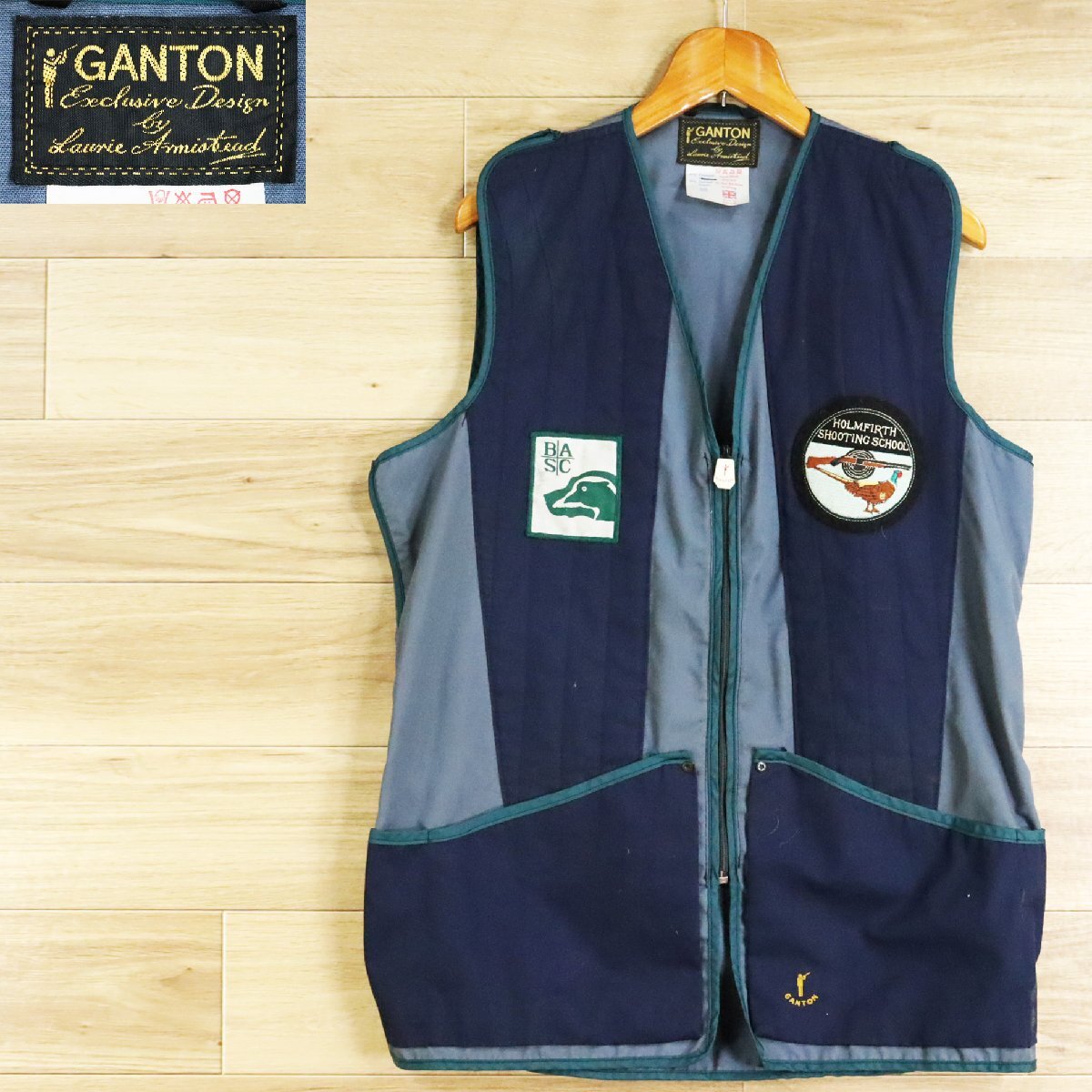 L7O/O4.8-4 イングランド製 GANTON ハンティングベスト シューティングベスト ポリコットン ワッペン アウトドア チョッキ ジレ拍卖