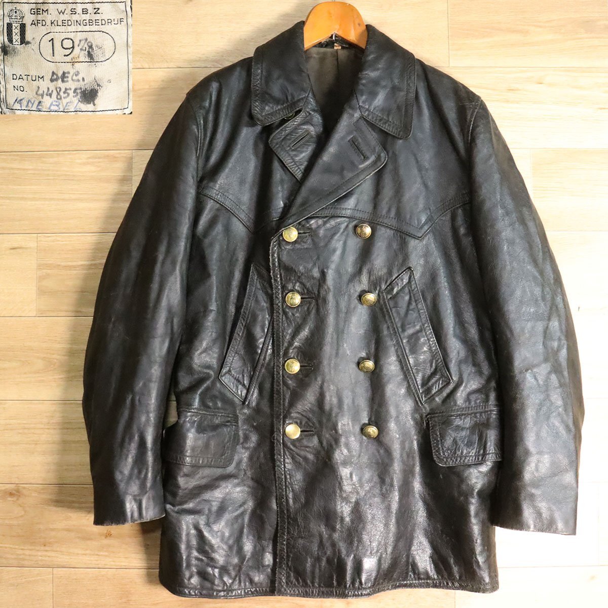 ?2K/Y5.19-1 ユーロヴィンテージ ダブルブレスト ポリスマンジャケット レザージャケット 本革 レザーコート レザーカーコート拍卖