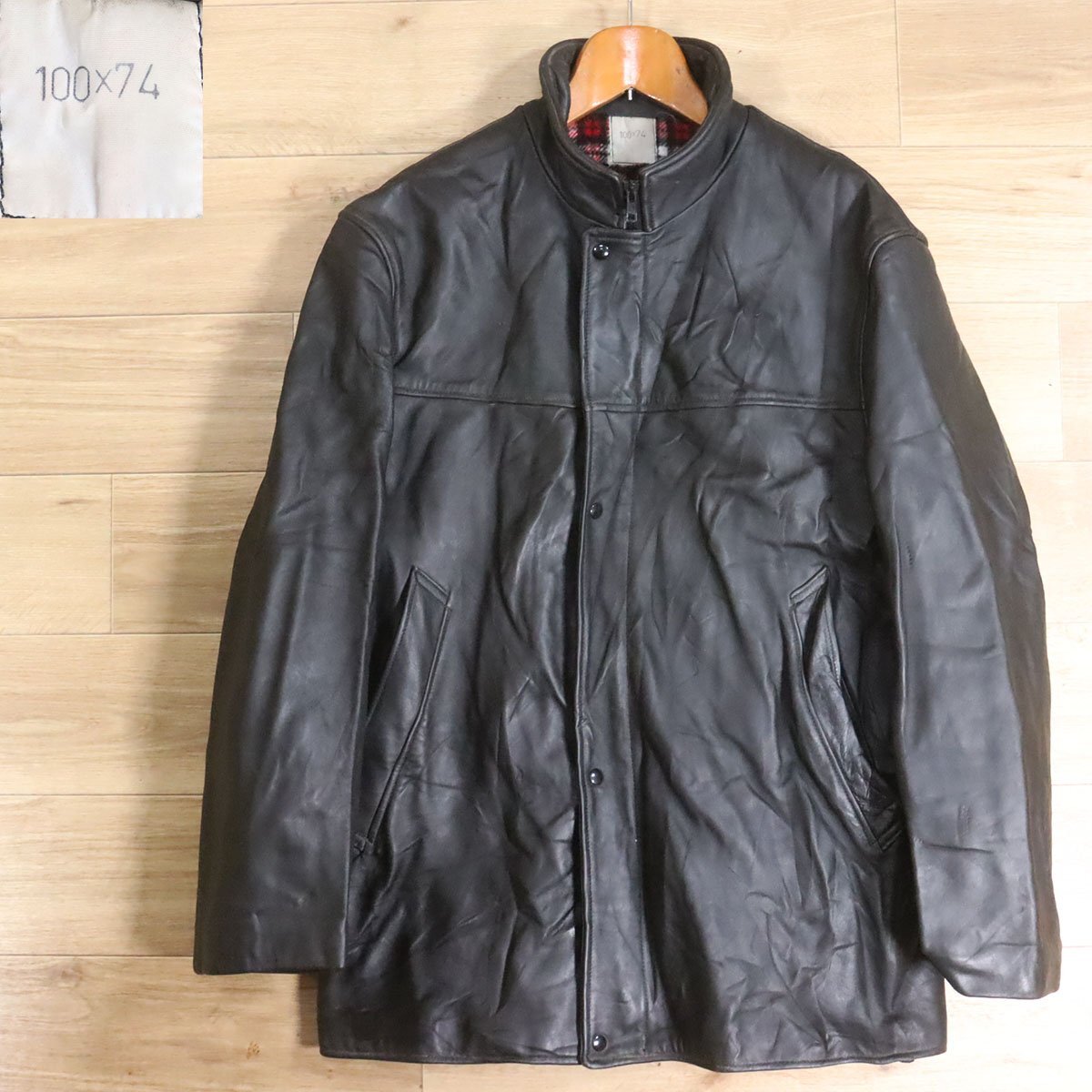 &6O/Y6.13-8 70s~ ユーロ古着 レザーカーコート 裏チェック 本革 革コート 皮コート レザーコート レザージャケット 100×75拍卖