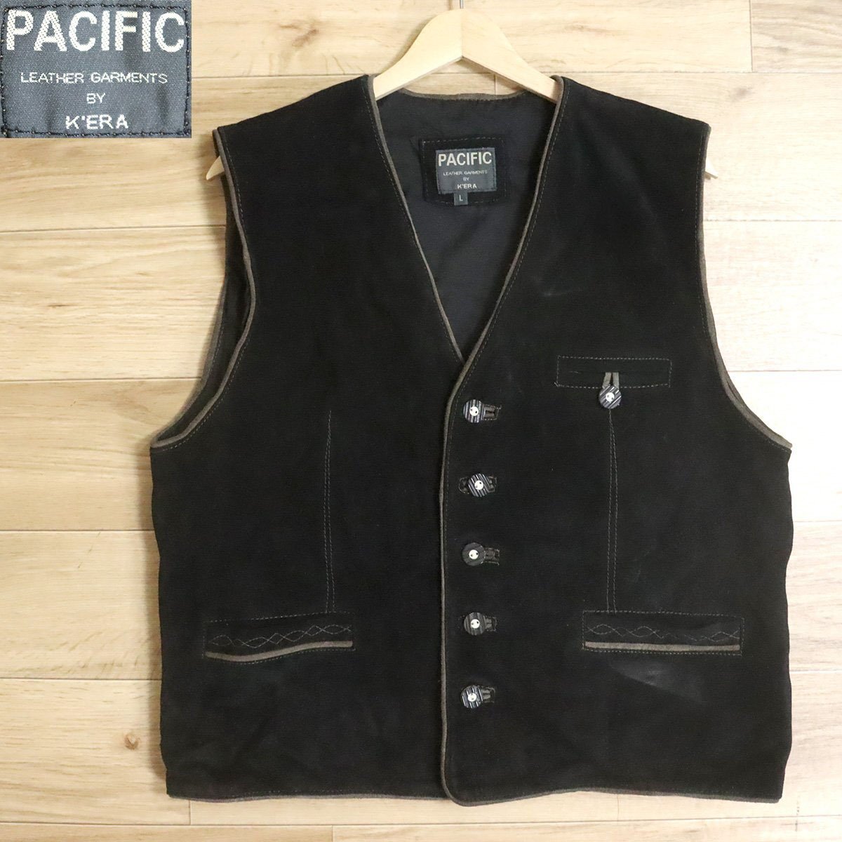 &4T/D10.16-4 ユーロ古着 PACIFIC スエード レザーチロリアンベスト 本革 スウェード レザーベスト L 皮ベスト 革ベスト拍卖