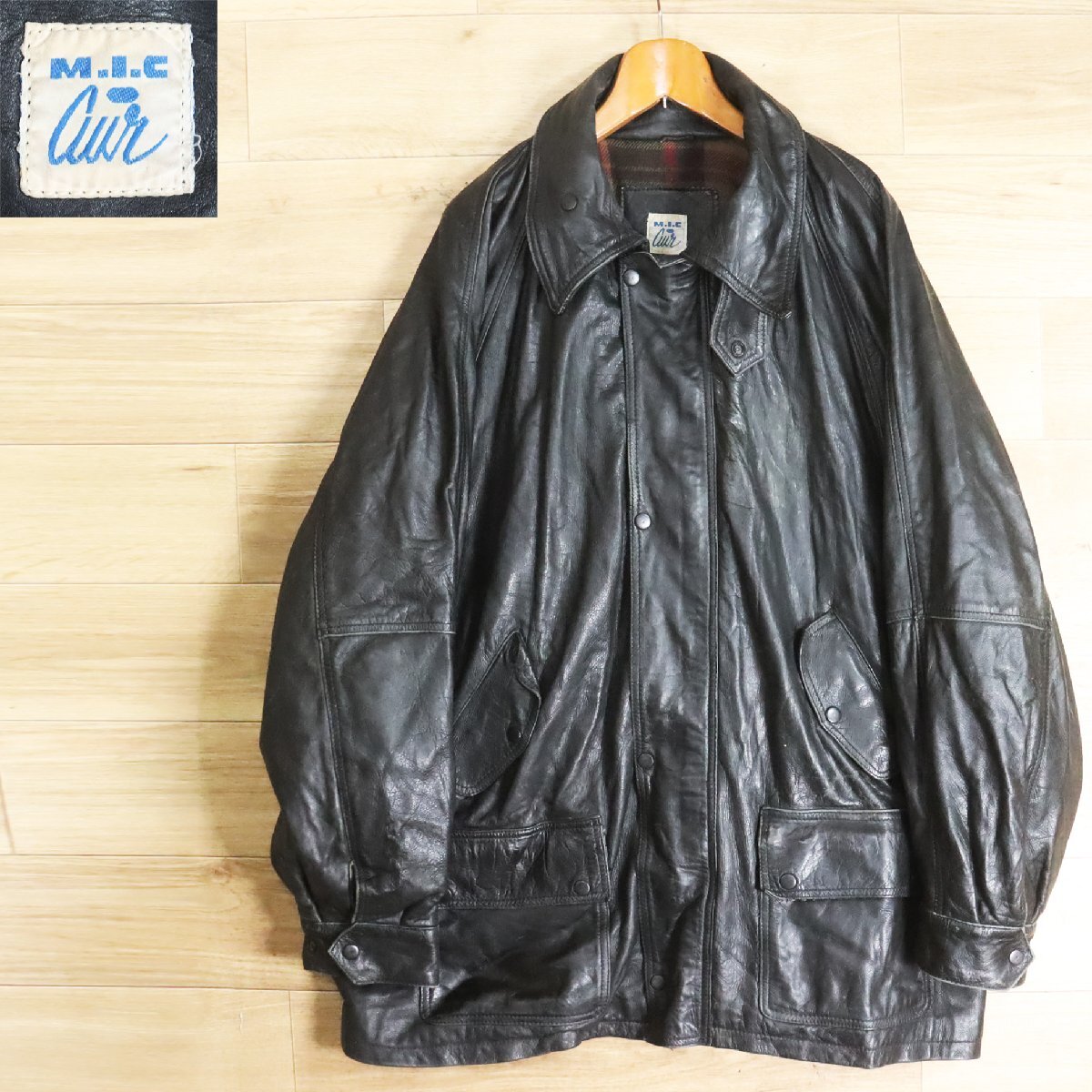 M8O/Y6.10-5 ユーロ古着 MIC CUIR レザーカーコート 本革 裏チェック 革コート 皮コート レザージャケット フランス製 メンズ拍卖