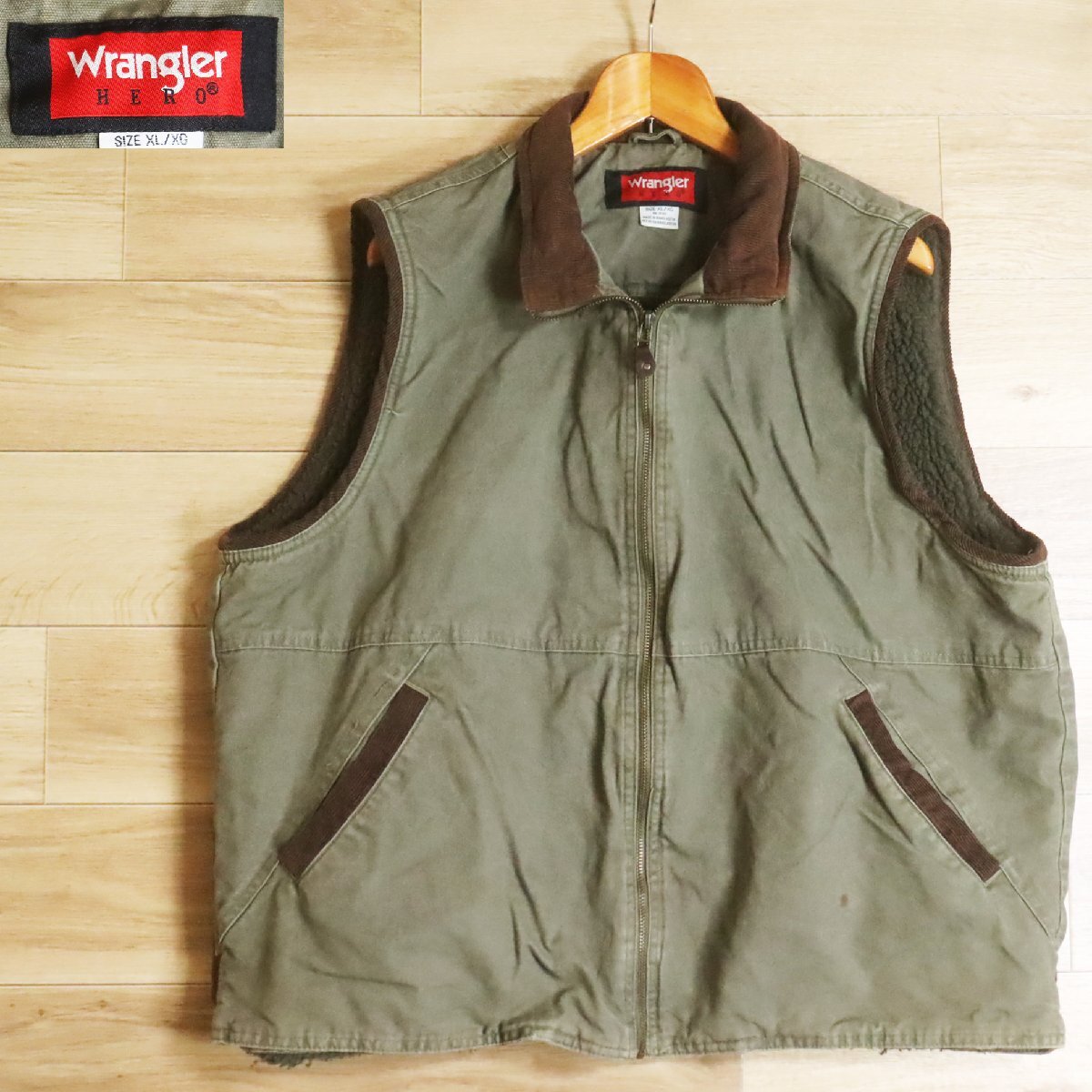 J11O/O5.5-1 アメリカ古着 Wrangler HERO ラングラー ヒーロー 裏ボア ジップアップベスト チョッキ ジレ 襟コーデュロイ XL拍卖