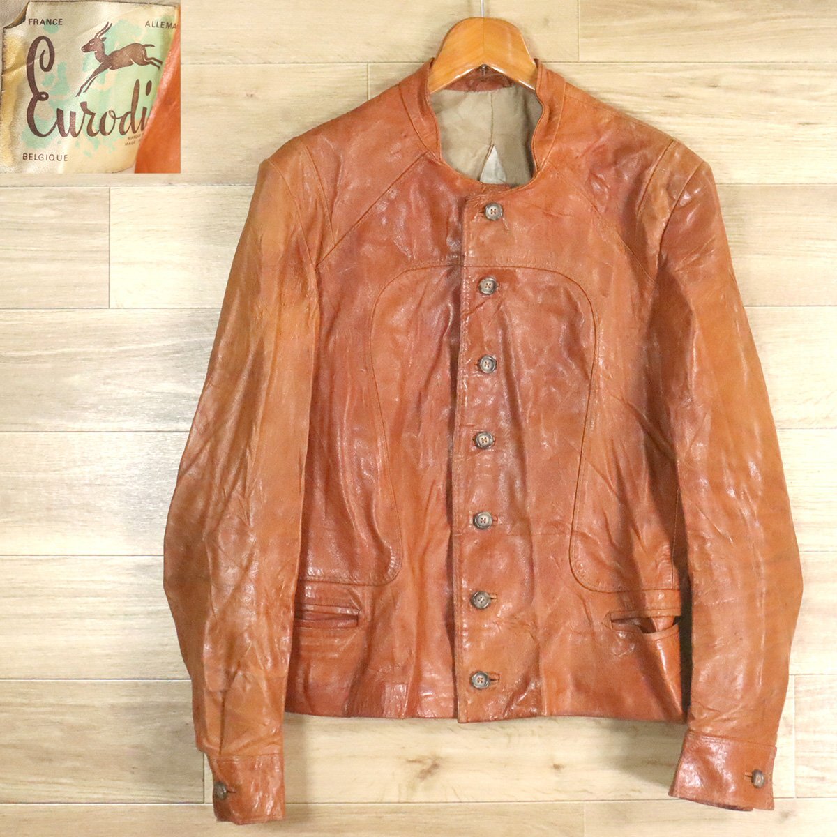 I4T/O10.15-3 ビンテージ ベルギー製 Eurodin レザージャケット 本革 シングルライダース 皮ジャン 革ジャン ブラウン拍卖