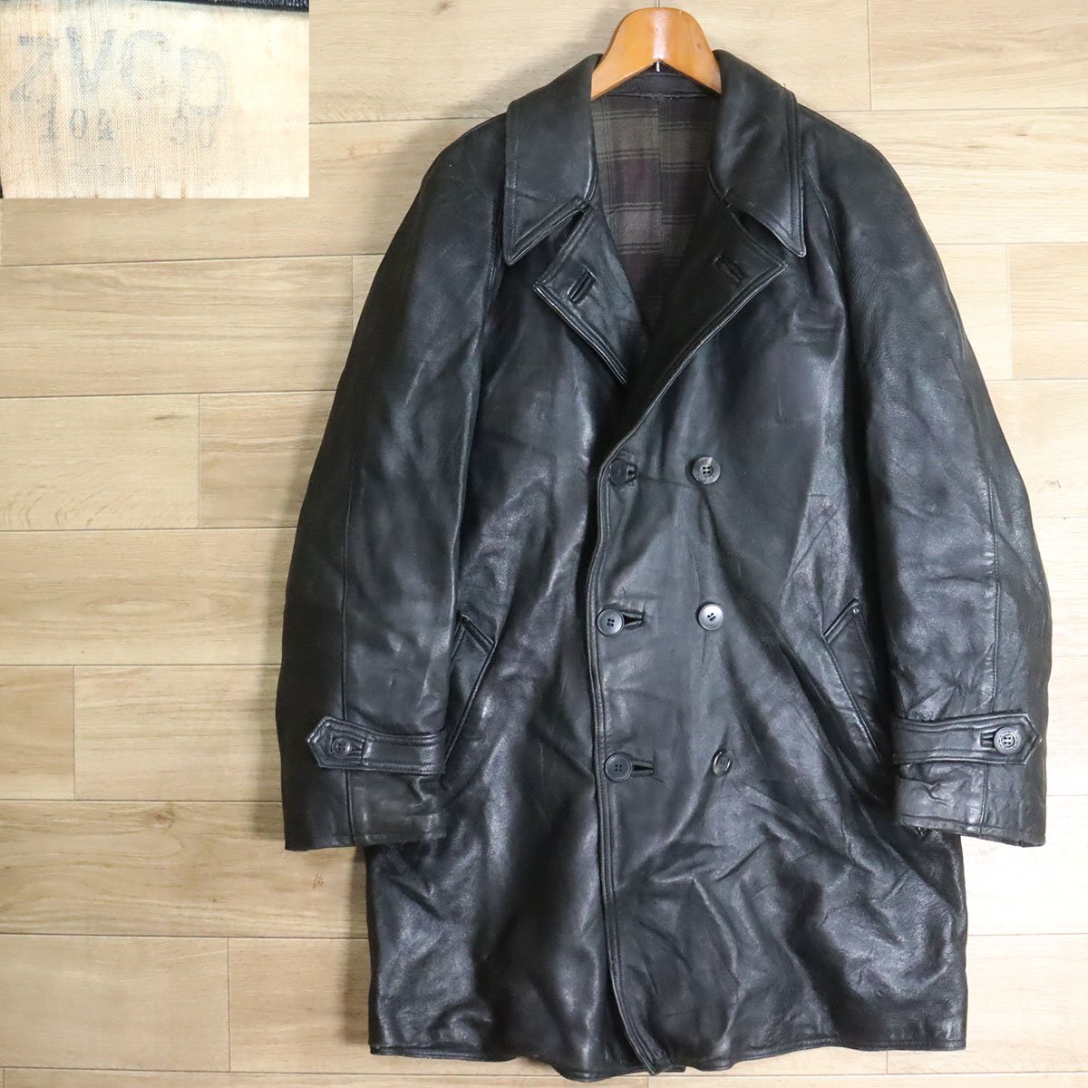 C10O/Y5.6-3 50s~ フランス警察 本革 レザーポリスマンコート レザージャケット 革コート 皮コート ユーロ古着 レザーカーコート拍卖
