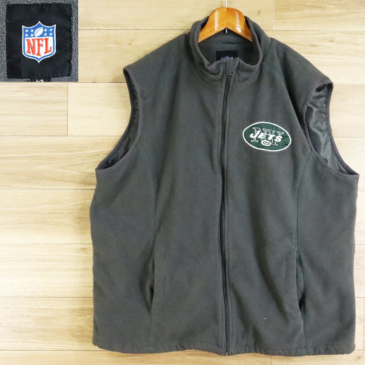 E5O/O4.8-5 アメリカ古着 NFL New York Jets ニューヨークジェッツ フリースベスト 刺繍 チョッキ ジレ メンズ L グレー系拍卖