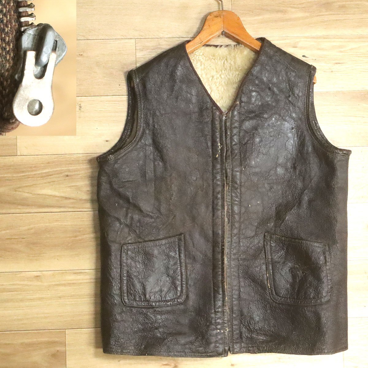 Z1R/S6.5-3 ユーロヴィンテージ レザーベスト 本革 裏ボア ジップアップベスト ジャーキンベスト ボアベスト 革ベスト 皮ベスト拍卖