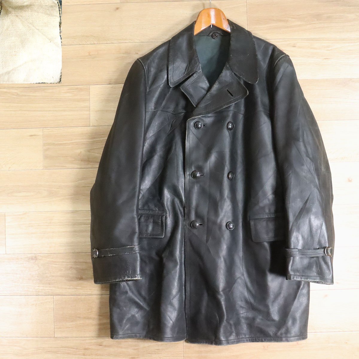 N8R/Y6.2-6 ~50s ユーロヴィンテージ レザーカーコート ダブルブレスト 本革 レザージャケット 革コート 皮コート ブラック拍卖