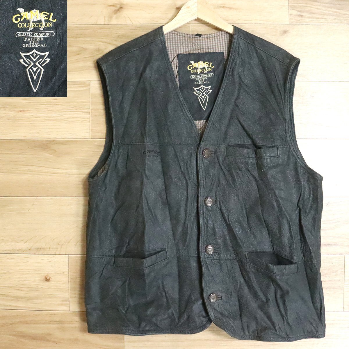 B16S/D10.14-4 CAMEL COLLECTION クラシックコンフォート レザーベスト 本革 Vネック ボタン留め ジレ メンズ 50 ヴィンテージ拍卖