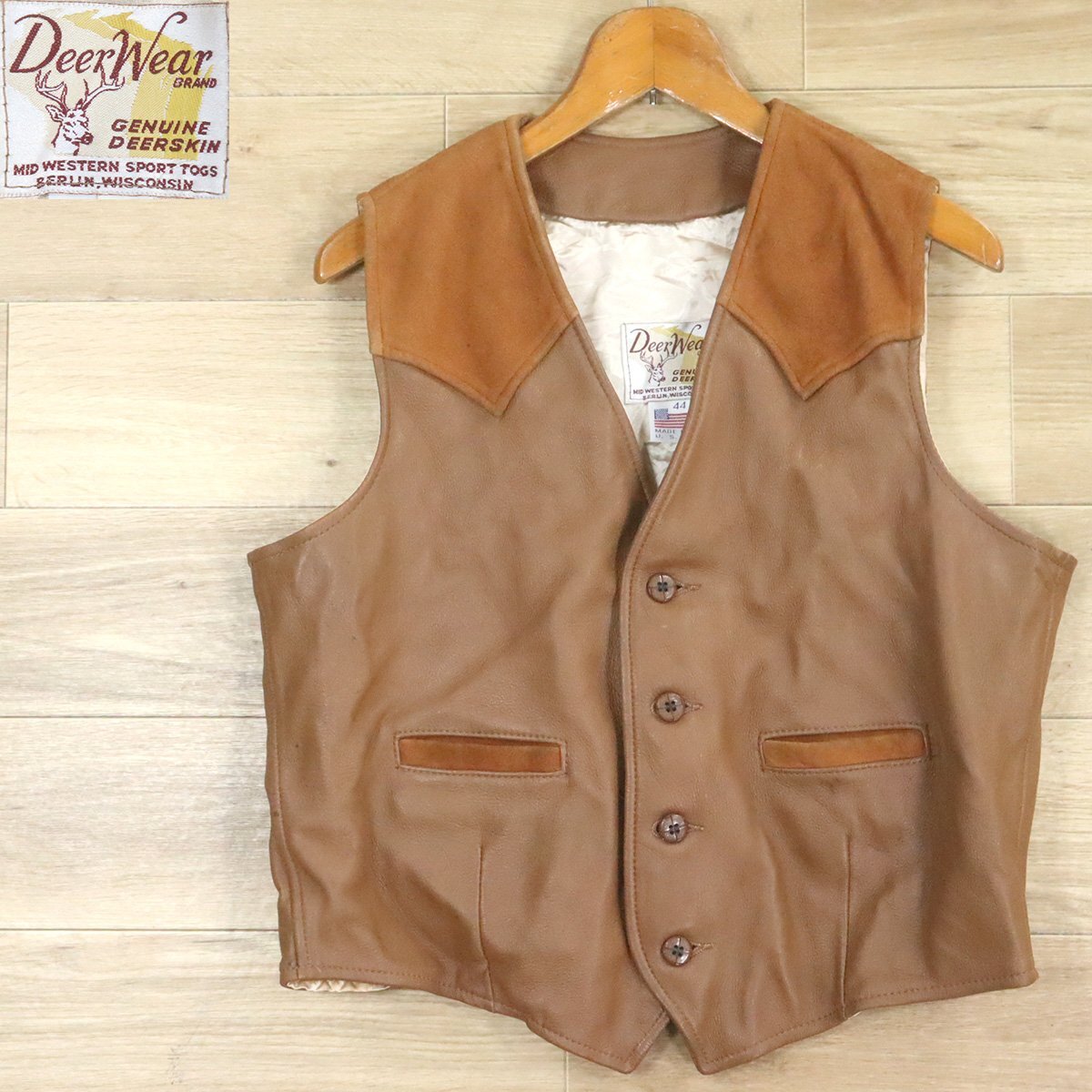 ?2K/O9.23-5 アメリカ古着 USA製 Deer Wear レザーベスト 本革 ディアスキン 革ベスト 皮ベスト ウエスタン ブラウン系 44拍卖