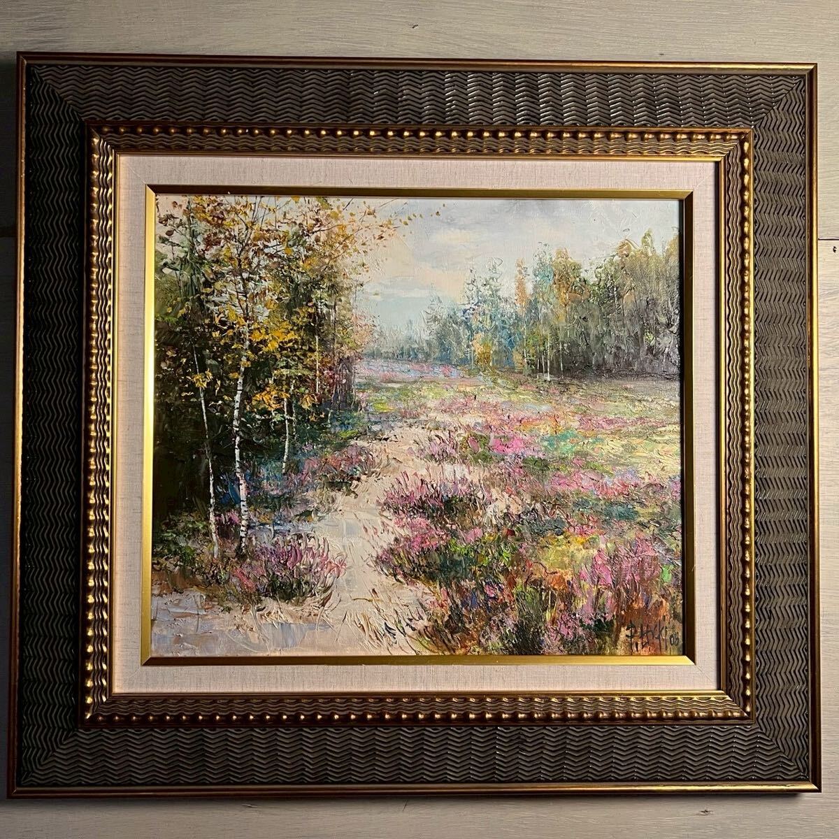 真作 ウォンツキー 『 ヒースの野 』 油彩 Pawel LACKI 風景画 絵画 印象派 風景画 油彩画 絵画 共シール 風景 リアリズム ポーランド拍卖