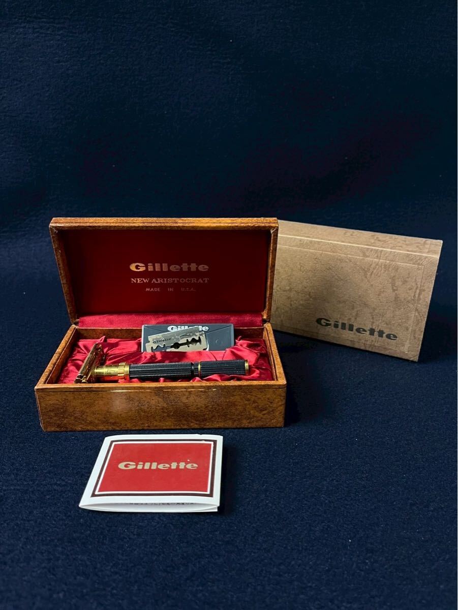 ヴィンテージ Gillette ジレット NEW ARISTOCRAT ニュー アリストクラット 両刃 カミソリ T字 剃刀 ゴールド 金 黒 USA製拍卖