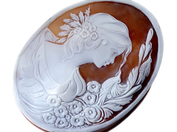 【ジュエリー極】ORSAL作 二羽の鳥と美しい貴婦人 シェルカメオルース 85.5mm×64.5mm a2814il【送料無料】拍卖