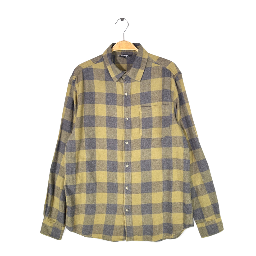 GEORGE ブロックチェック プリントネルシャツ オリーブグリーン 黒 ライトネル チェック柄 アメカジ 長袖シャツ サイズM 古着 CA9020拍卖
