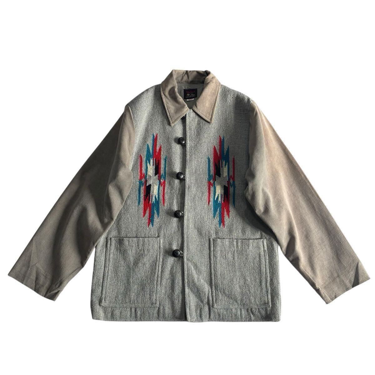 フェード☆Tribe Square ネイティブ ラグ ジャケット 38/40 グレー ビンテージ ウール ナバホ チマヨ インディアン ビッグサイズ拍卖