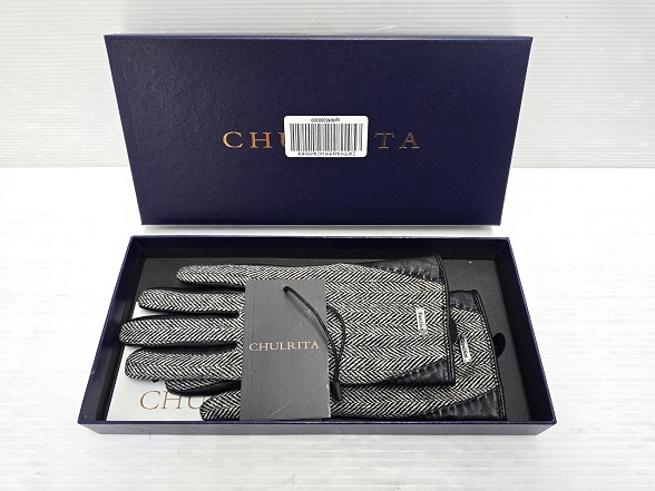 【中古未使用品】 CHULRITA 手袋 Mサイズ イタリアンシープスキン ヘリンボーン 寒さ対策 ブラック ○YR-19389○拍卖