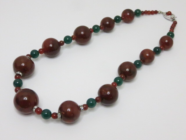 【中古品】 丸石 ネックレス ブラウン×グリーン 約45cm 〇YR-11700〇拍卖