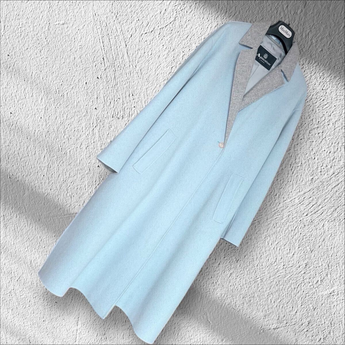 完売現行美品 一枚仕立て バイカラー ペールブルー ダブルフェイス ロングコート Aquascutum アクアスキュータム 10 羽織◎軽量◎柔らか◎拍卖