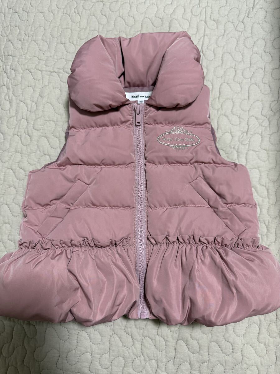 美品/bebe/NoeilaimeBeBe/ノイユエームべべ/くすみピンク/ダウンベスト/ダウンフェザー/90/ベビー服/女の子/フリル/バルーン/刺繍ロゴ/80拍卖