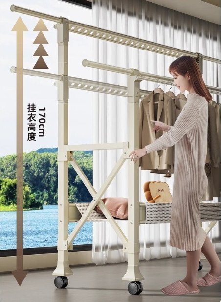 室内用アルミ合金伸縮式折りたたみ洗濯物干しスタンド、ベランダ・屋外用晒し布団干し神器拍卖