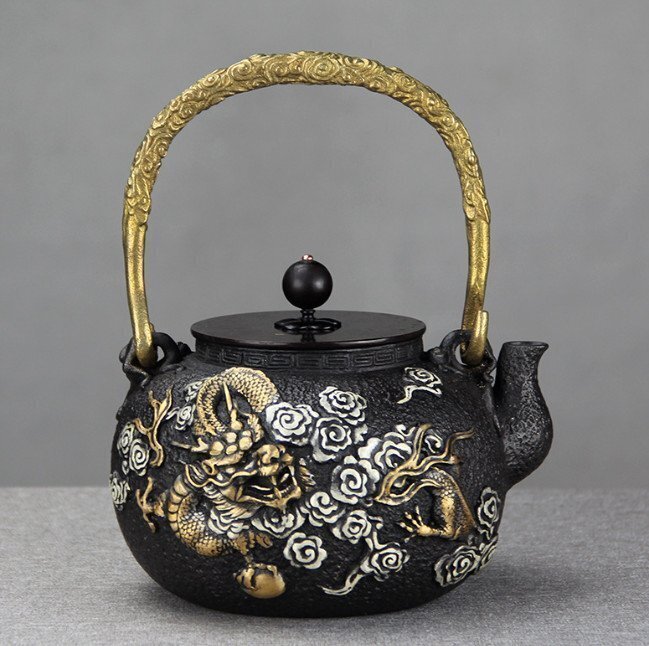 美品★茶壺 手彫り鉄壺 鉄やかん 鉄分補給 未塗装鉄器 茶道具 1300ML拍卖