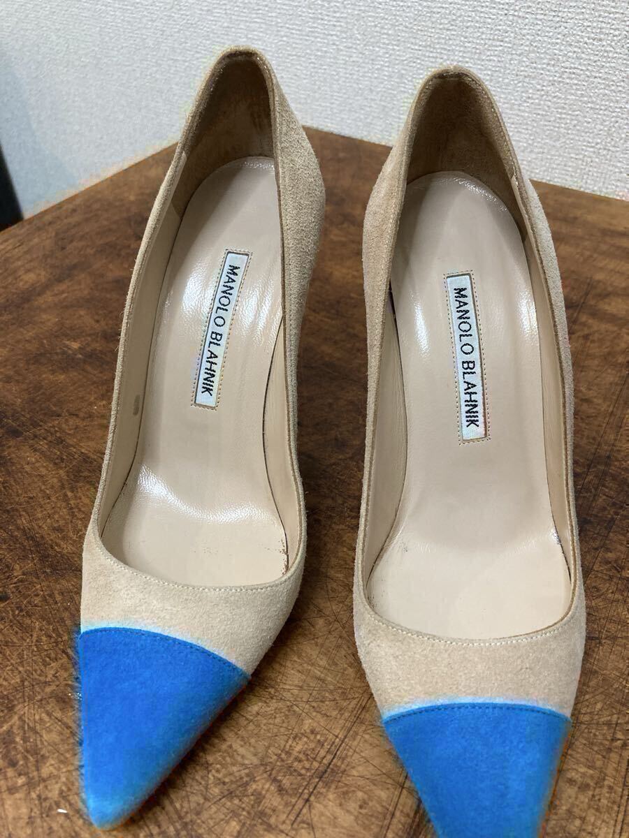 MANOLO BLAHNIK マノロブラニク 35 ポインテッドトゥパンプス スエードレザー 靴 ベージュ×ブルー拍卖