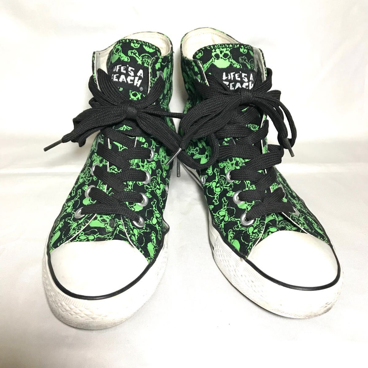 スニーカー【LIFE’S A BEACH】サイズ:US8/26cm/ハイカット/グリーン/スカル柄/キャンバス拍卖