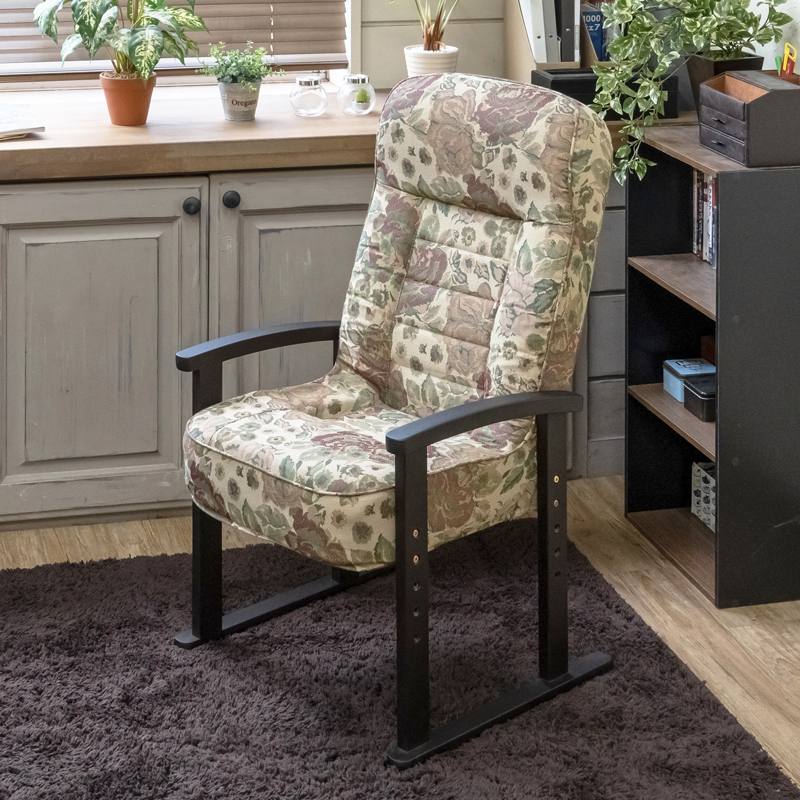 リクライニングチェア 肘掛付きイス 高さ調節 4段階 高座椅子 布シート 低反発 花柄 フラワー S3-22 FL拍卖