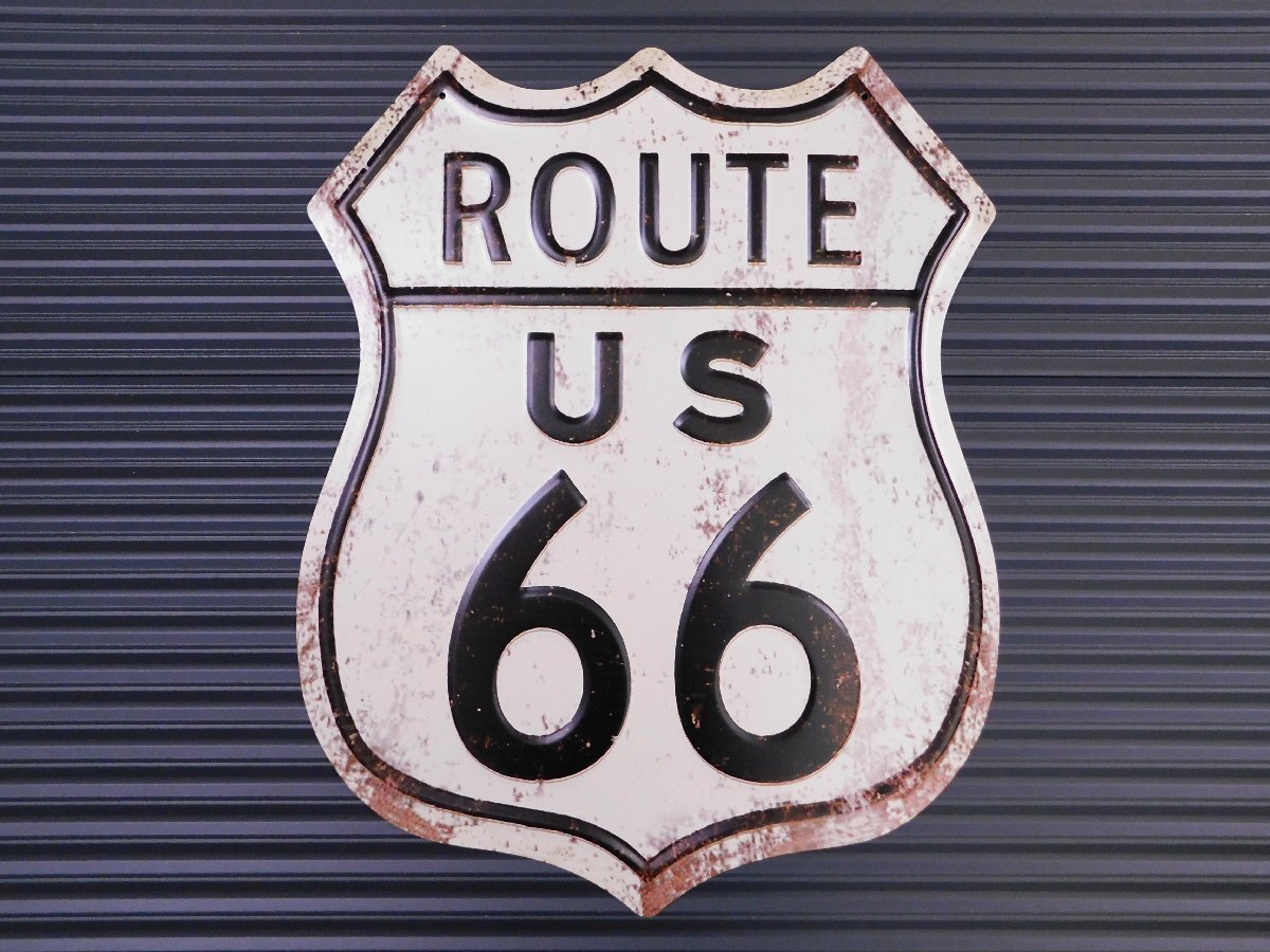 【ROUTE US66・ホワイト】※《エンボスメタルサイン》 アメリカン雑貨 エンボス看板 ブリキ看板 ルート66 67拍卖