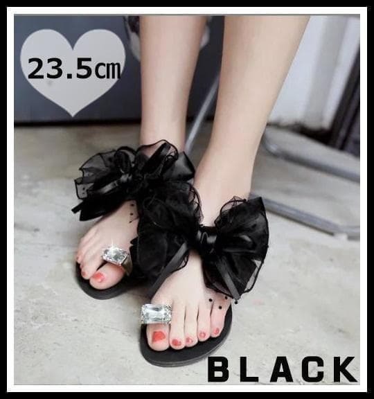 ★サンダル レース リボン 黒 ブラック キラキラ 23.5㎝拍卖