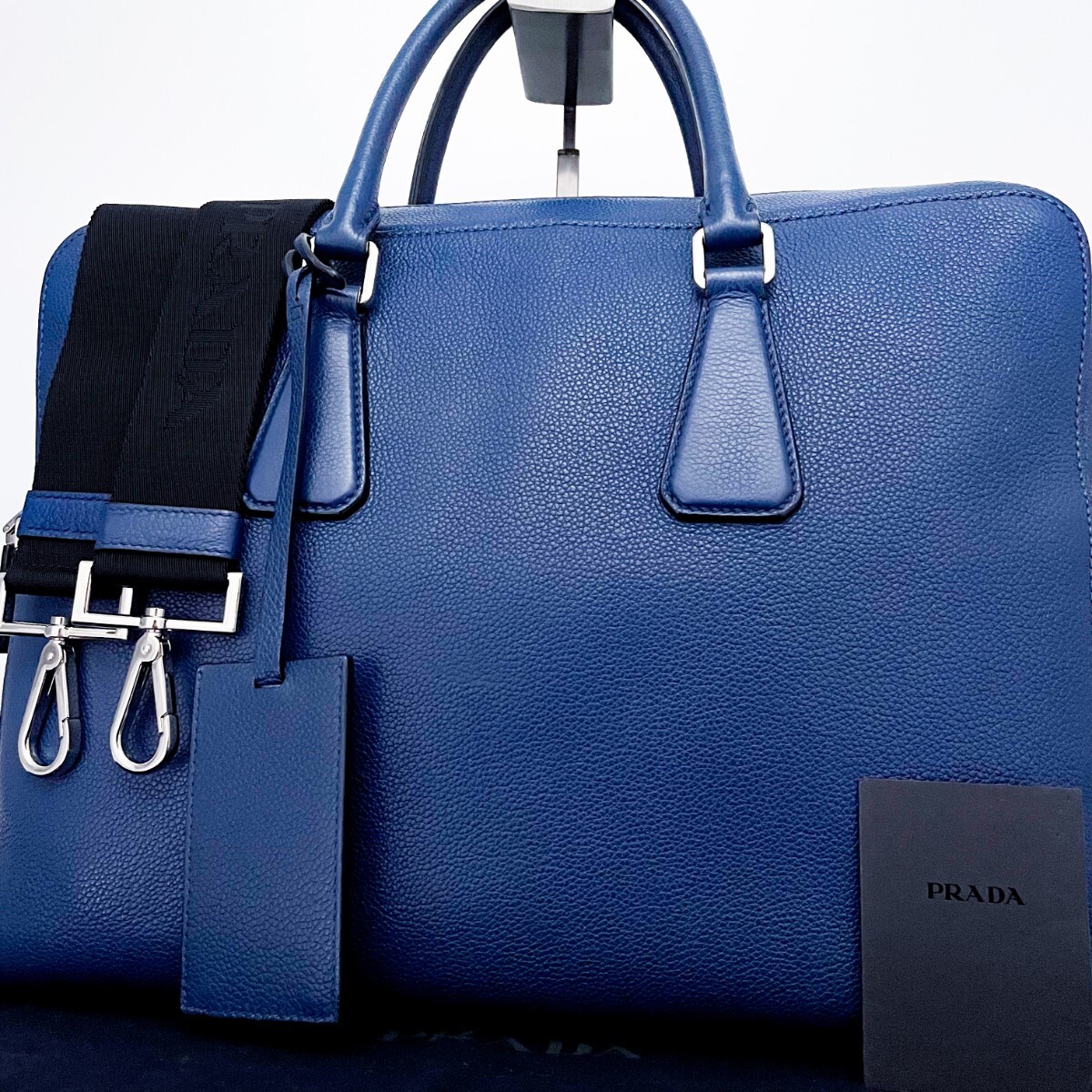 1円■未使用級■幻の逸品■型崩れ無し■希少色■PRADA プラダ 2way 三角プレート トートバッグ ビジネス A4 メンズ レザー ロイヤルブルー拍卖