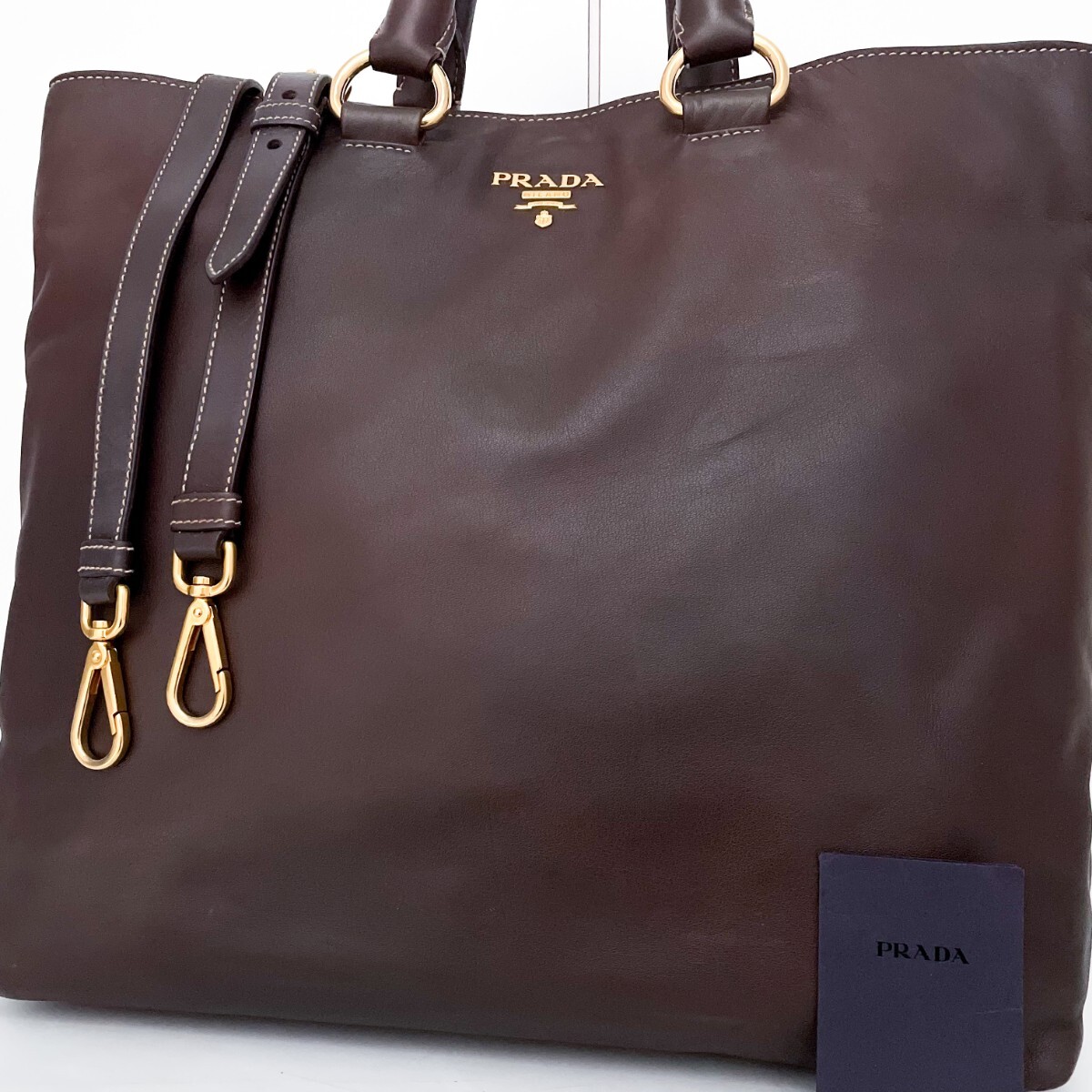 1円■未使用級■幻の逸品■型崩れ無し■最上級レザー PRADA プラダ 2way ロゴ トートバッグ ショルダー ビジネス A4 メンズ ダークブラウン拍卖