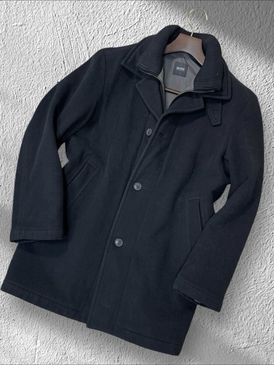 DH06 美品/48(L)カシミヤ!!HUGO BOSS ヒューゴボス スタンドカラー レイヤードコート チェスター ジャケット 襟裏ロゴ金具 ウール ブラック拍卖
