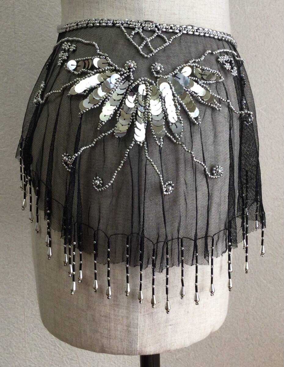 ベリーダンス 衣装 ヒップスカーフ? ヒップスカート? オーバースカート? シルバー スパンコール ビーズ拍卖
