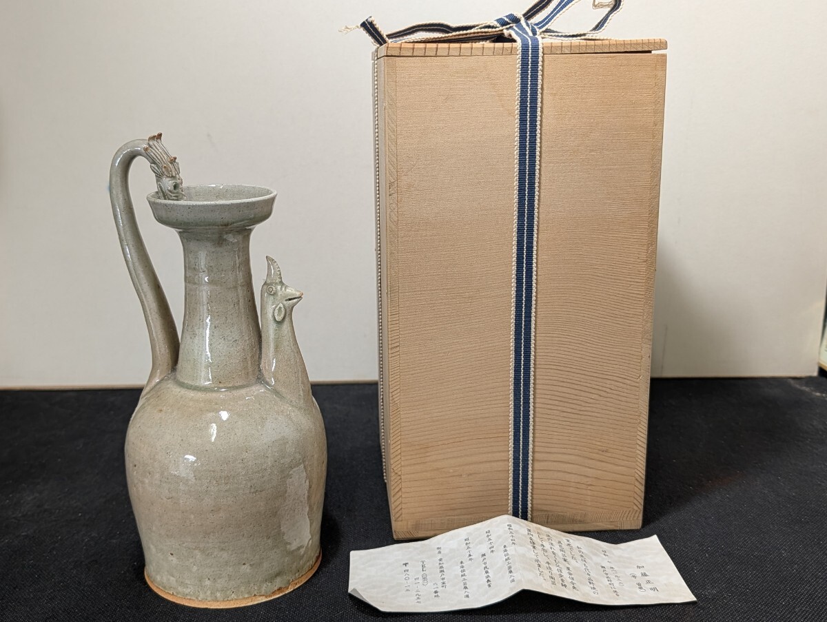 加藤正明 曽風 作 灰釉 天鶏壺 共箱 〔まとめて取引がお得⇒追加送料無し〕/瀬戸焼/陶磁器/拍卖