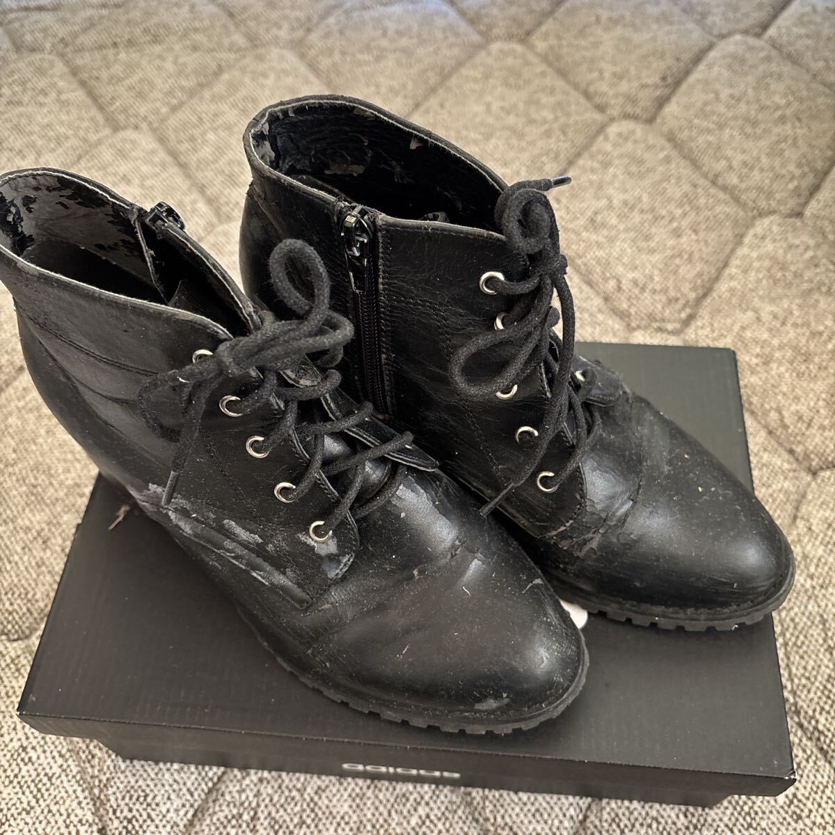 ブラックレースアップブーツ サイドジッパー拍卖