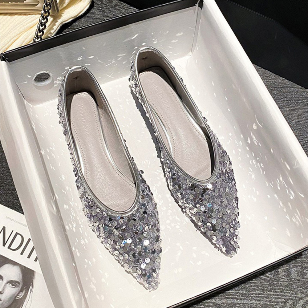 ☆ シルバー ☆ 39(24.5cm) ☆ スパンコールシューズ パンプス ローヒールパンプス レディース フラットシューズ 靴 ぺたんこ靴拍卖