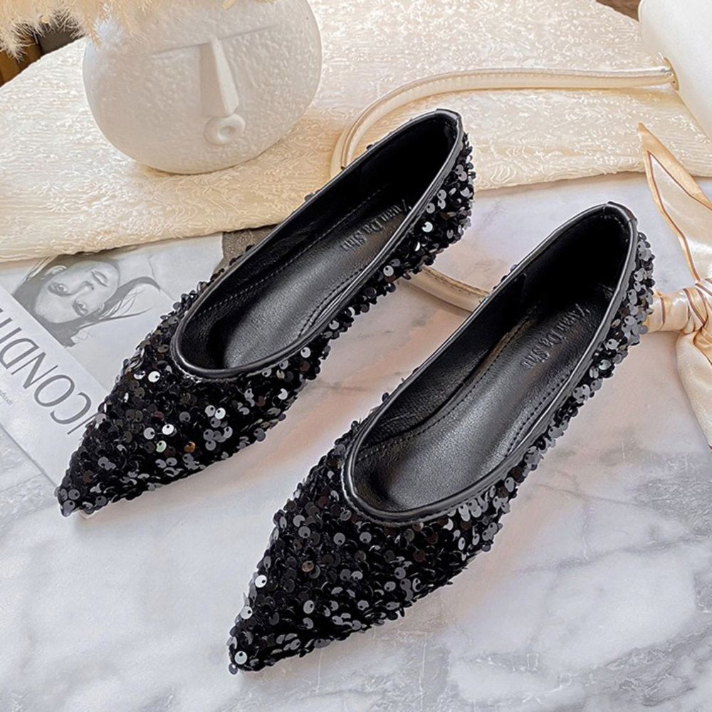 ☆ ブラック ☆ 37(23.5cm) ☆ スパンコールシューズ パンプス ローヒールパンプス レディース フラットシューズ 靴 ぺたんこ靴拍卖